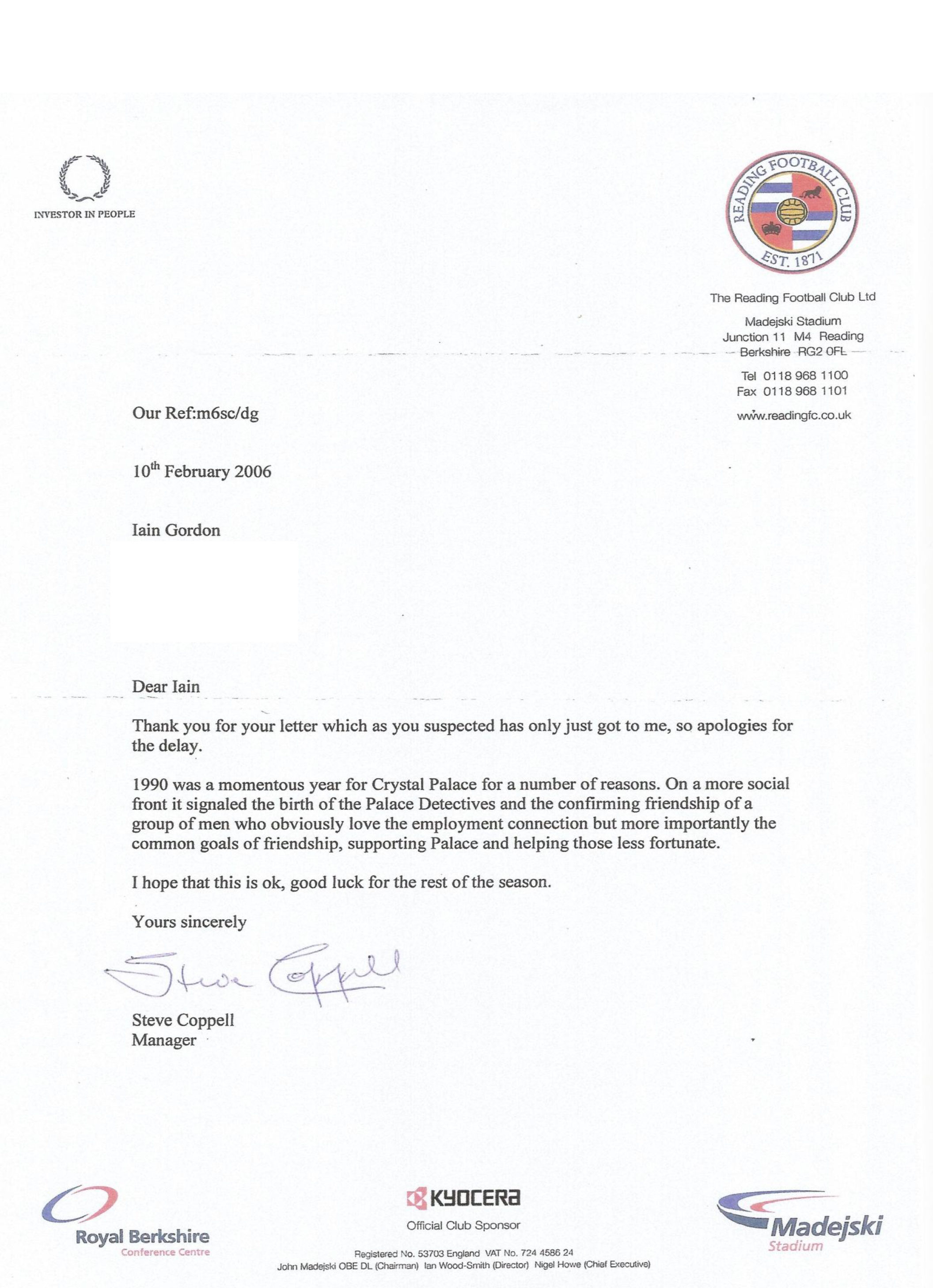 Reply from Steve Coppell 2006